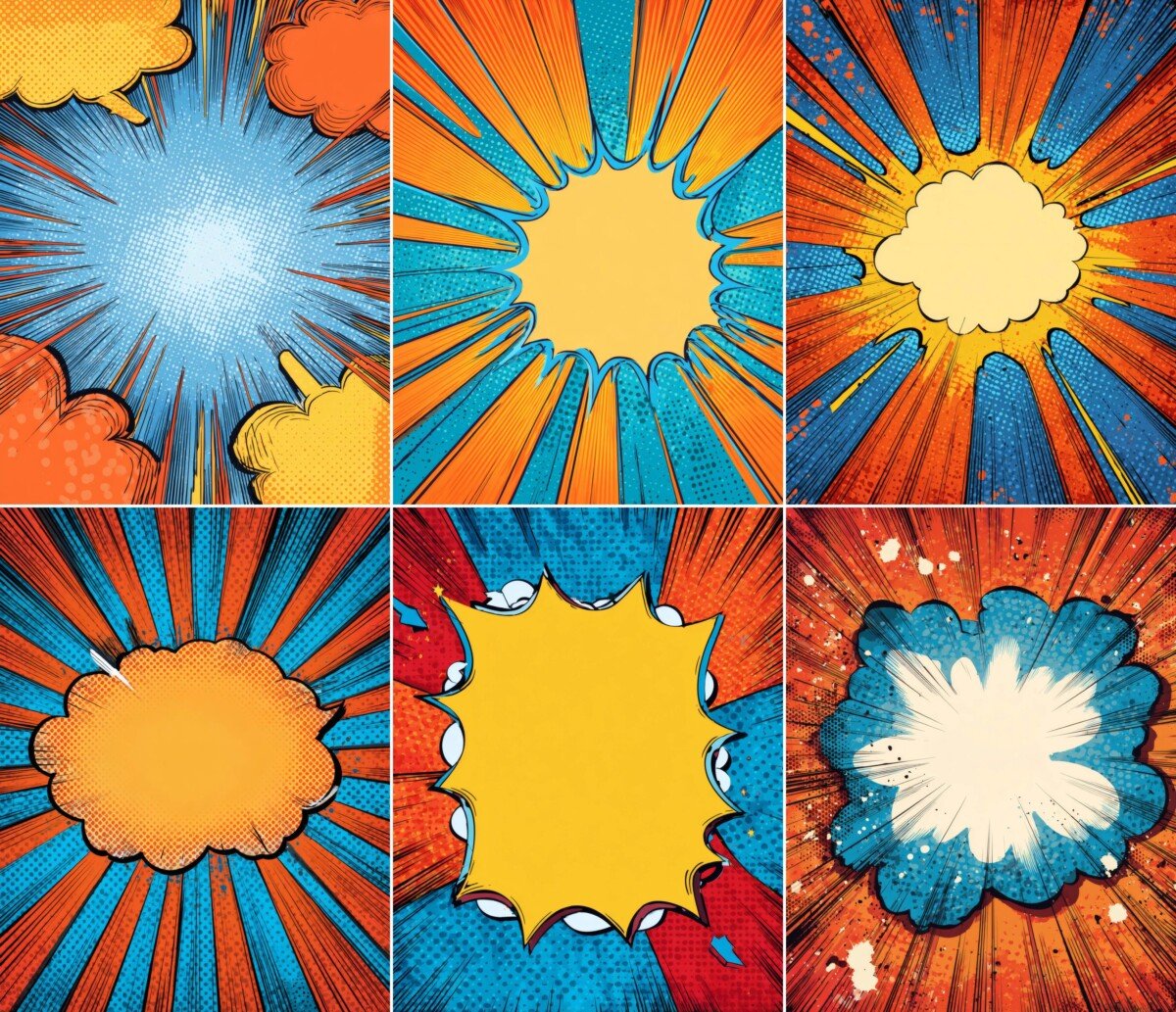 Pop art burst pages with blue rays and yellow cloud-shaped centers