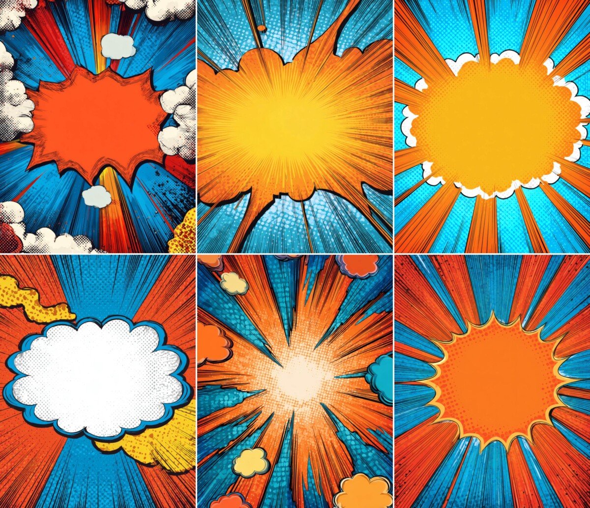 Comic-style digital paper with orange speech bubbles and bold blue rays