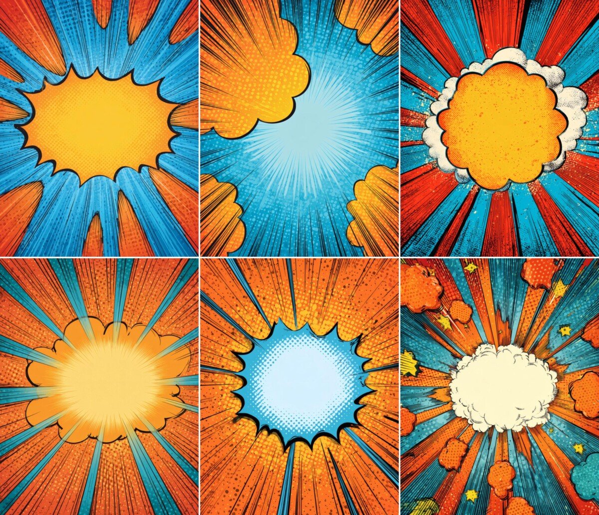 Bright comic backgrounds with yellow caption spaces and orange-blue contrasts