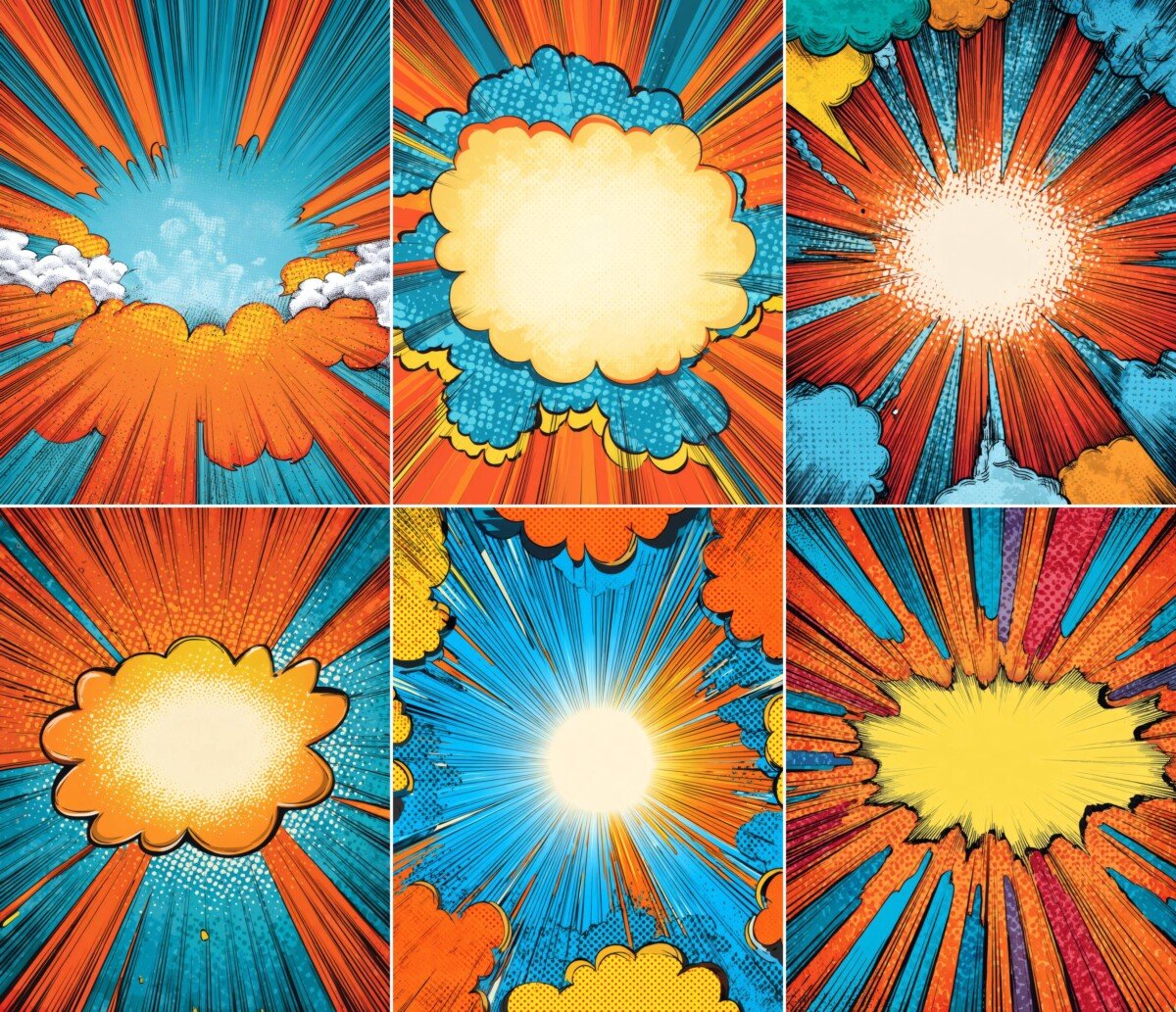 Colorful comic paper backgrounds with speech-bubble shapes and radiating lines
