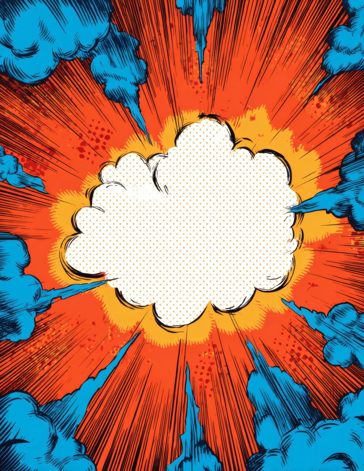 White speech-bubble shape on a vivid orange and blue pop art background
