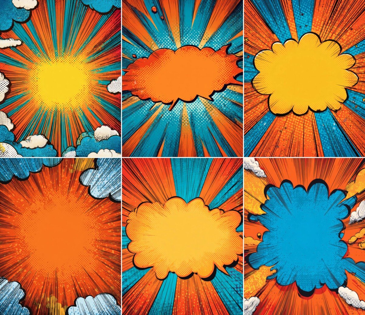 Orange and yellow speech-bubble shapes surrounded by bold blue comic lines