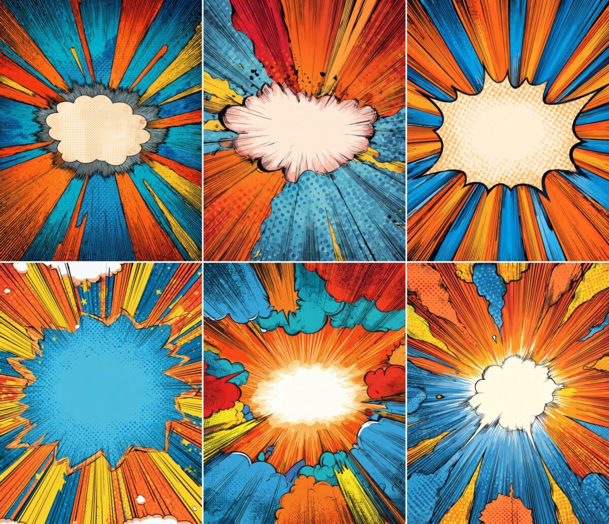 Comic journal backgrounds with white caption bubbles and colorful radial patterns