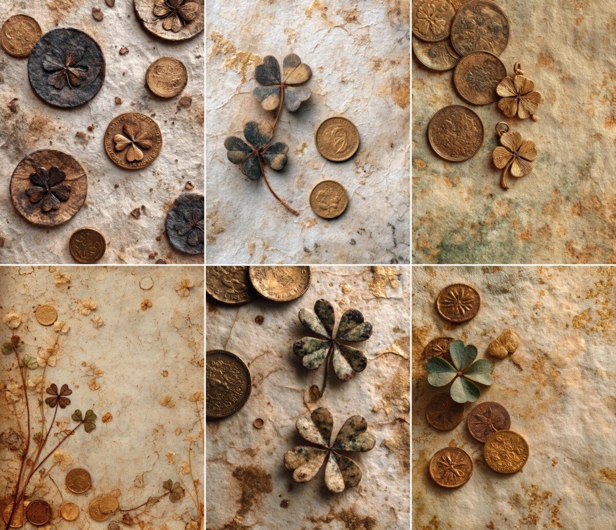 Clover journal backgrounds with varied coin motifs and faded parchment