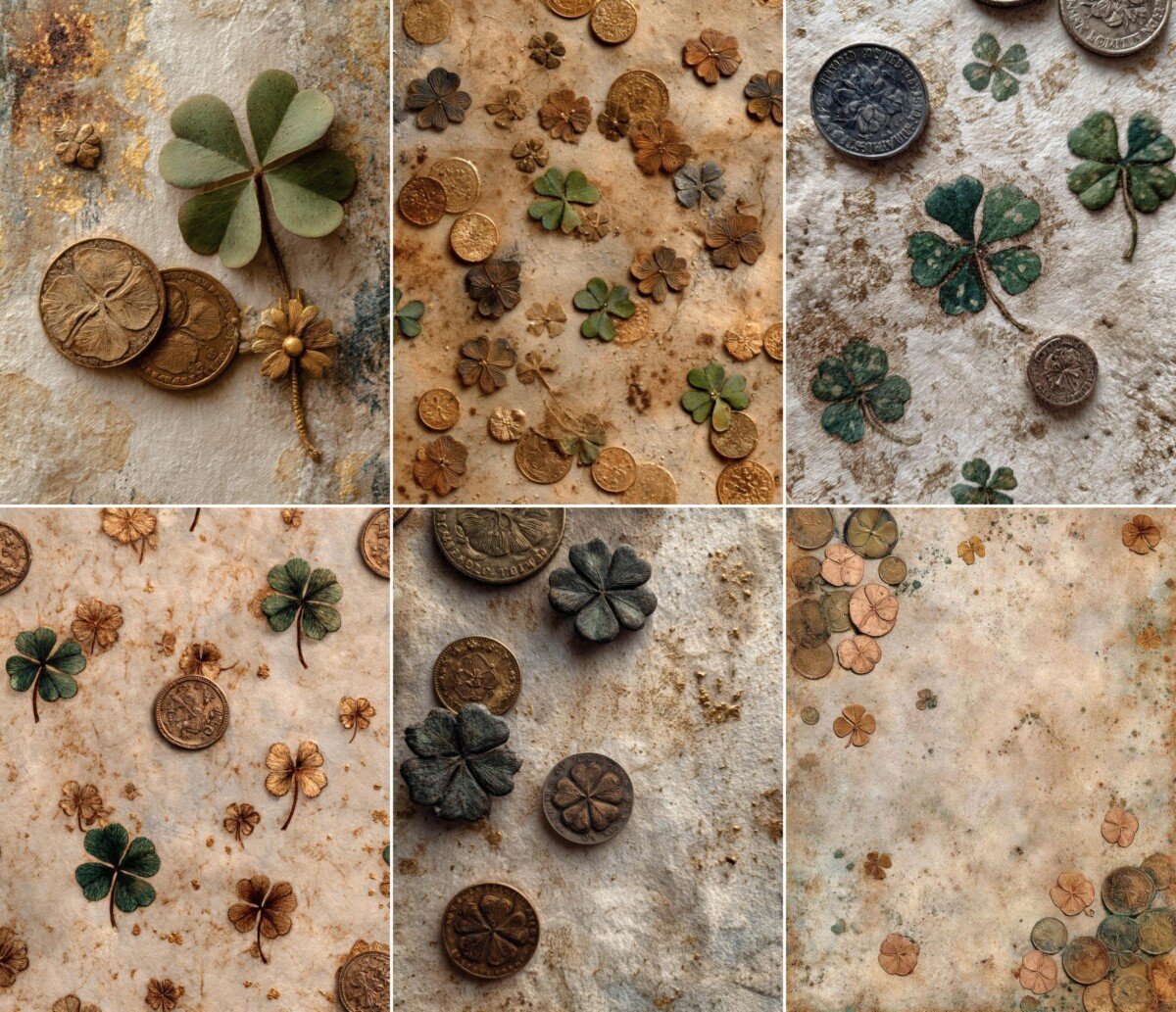 Irish-inspired clover paper designs with green leaves and bronze-toned coins