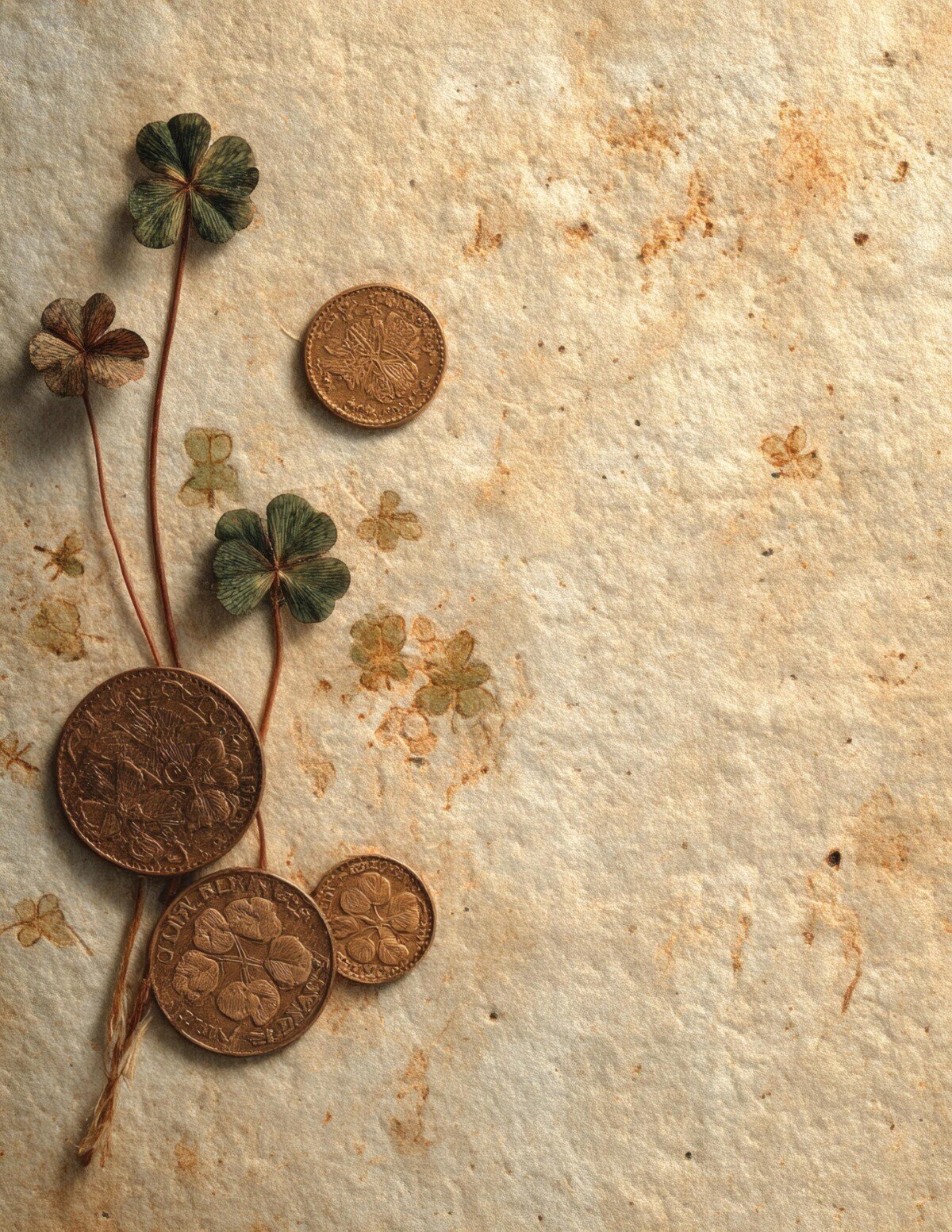 Vintage clover journal background with a small coin and open aged cream space