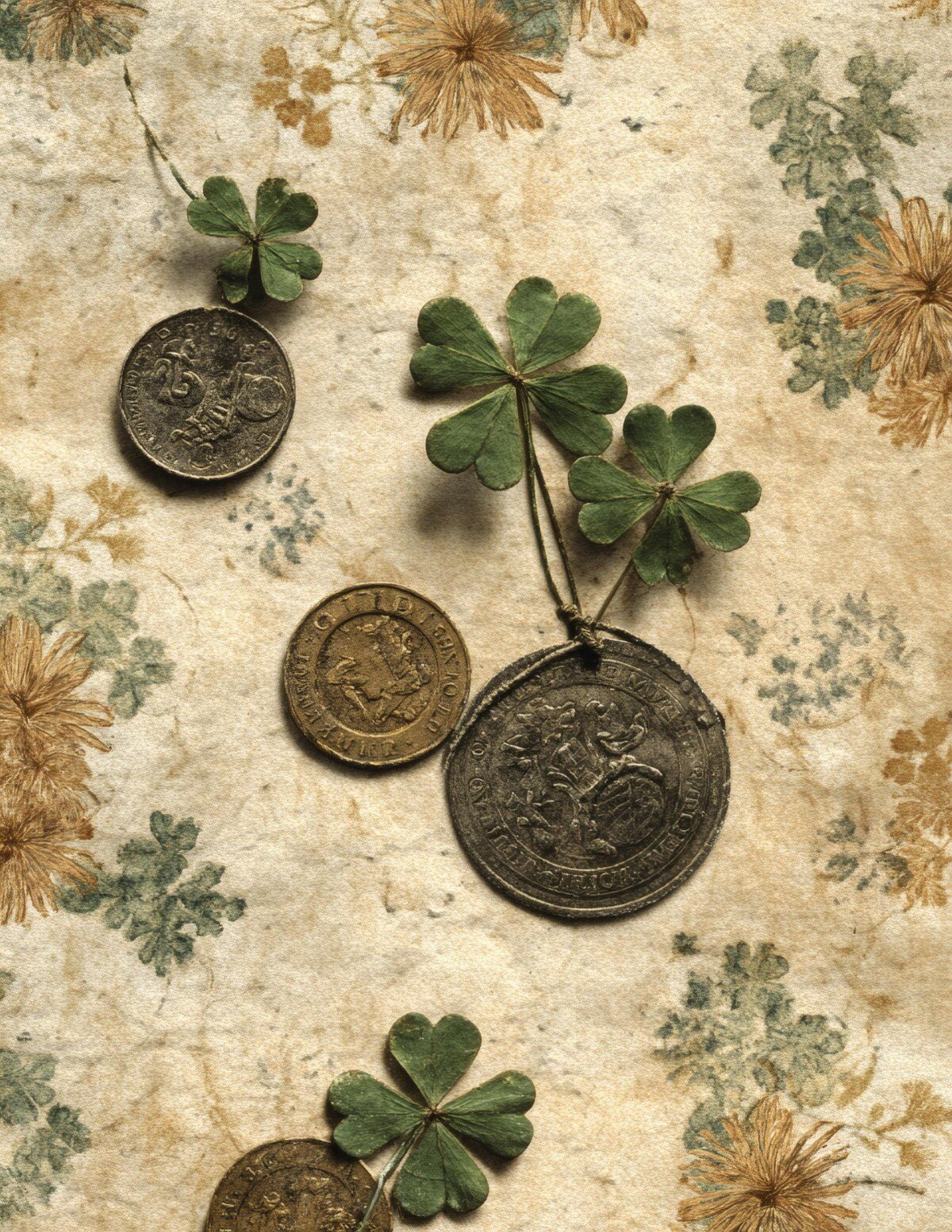 Clover paper close-up with green leaves and antique-style round charms