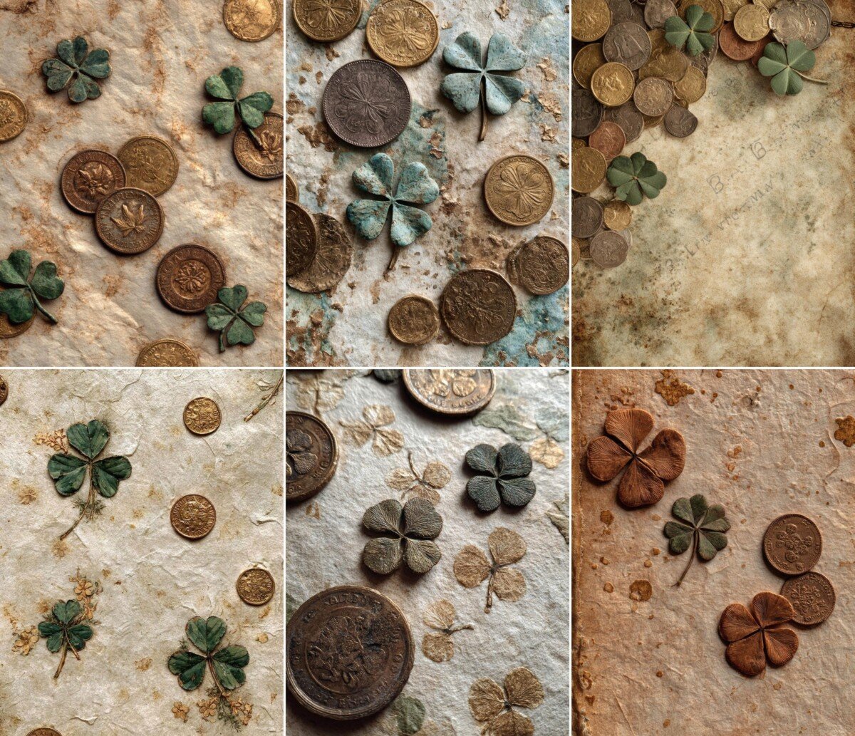 Clover and coin printable pages with softly embossed-looking decorative details