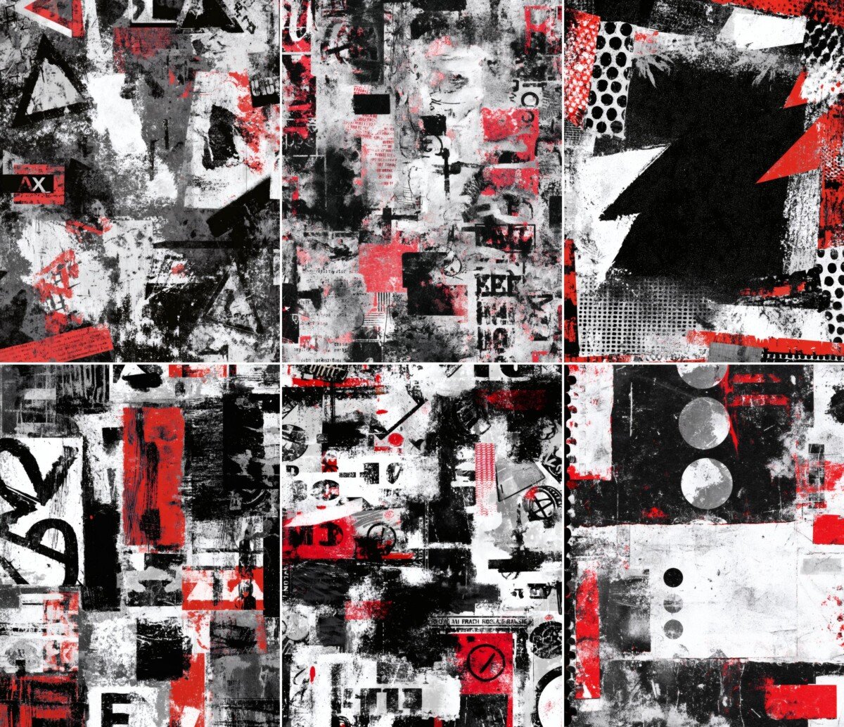 Distressed punk-style papers with torn poster fragments and abstract marks