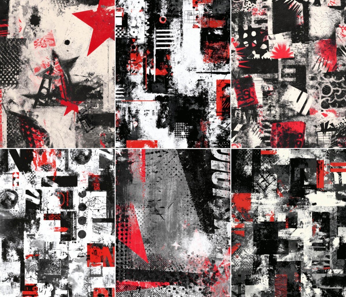 Black and white collage backgrounds with rough edges and scratched textures
