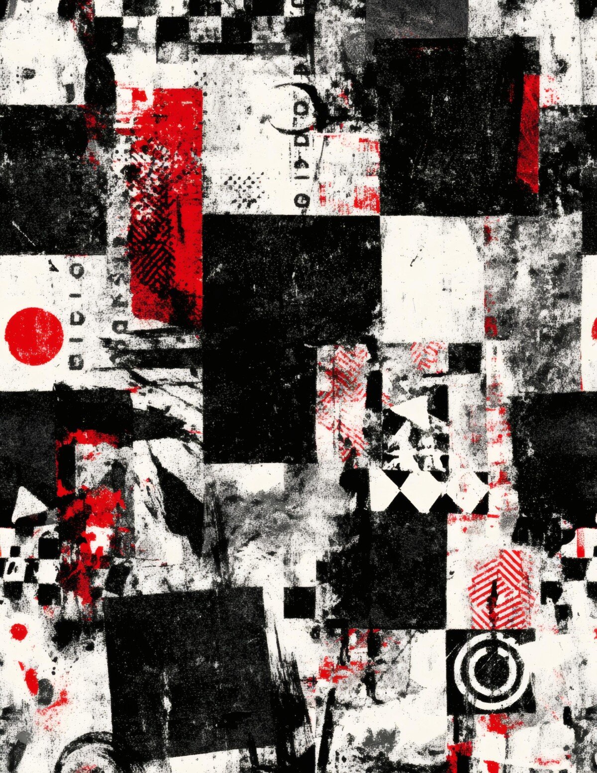 Blocky black white and red collage with rough printed textures