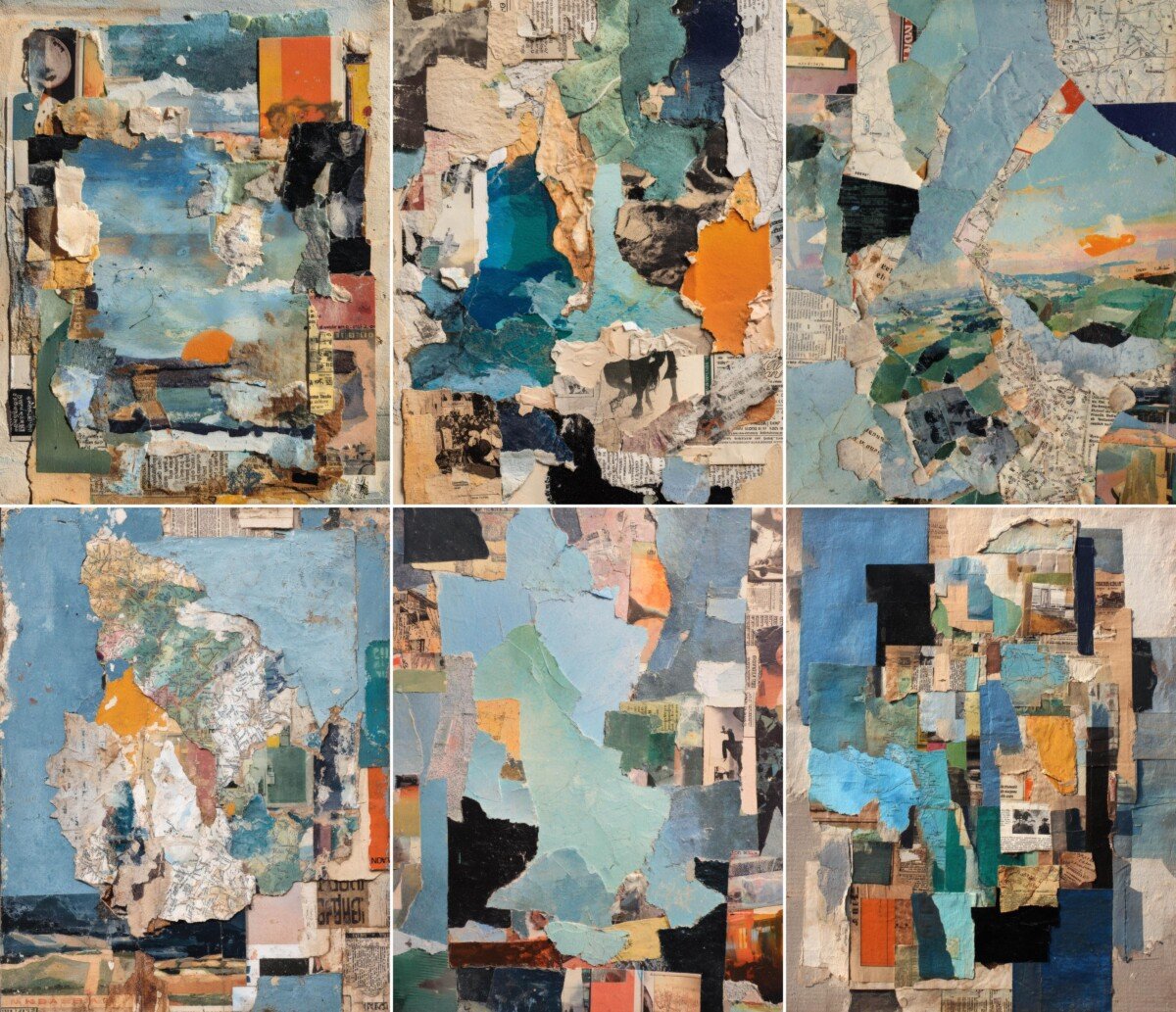 Abstract journal pages with torn cream edges and orange map-like details