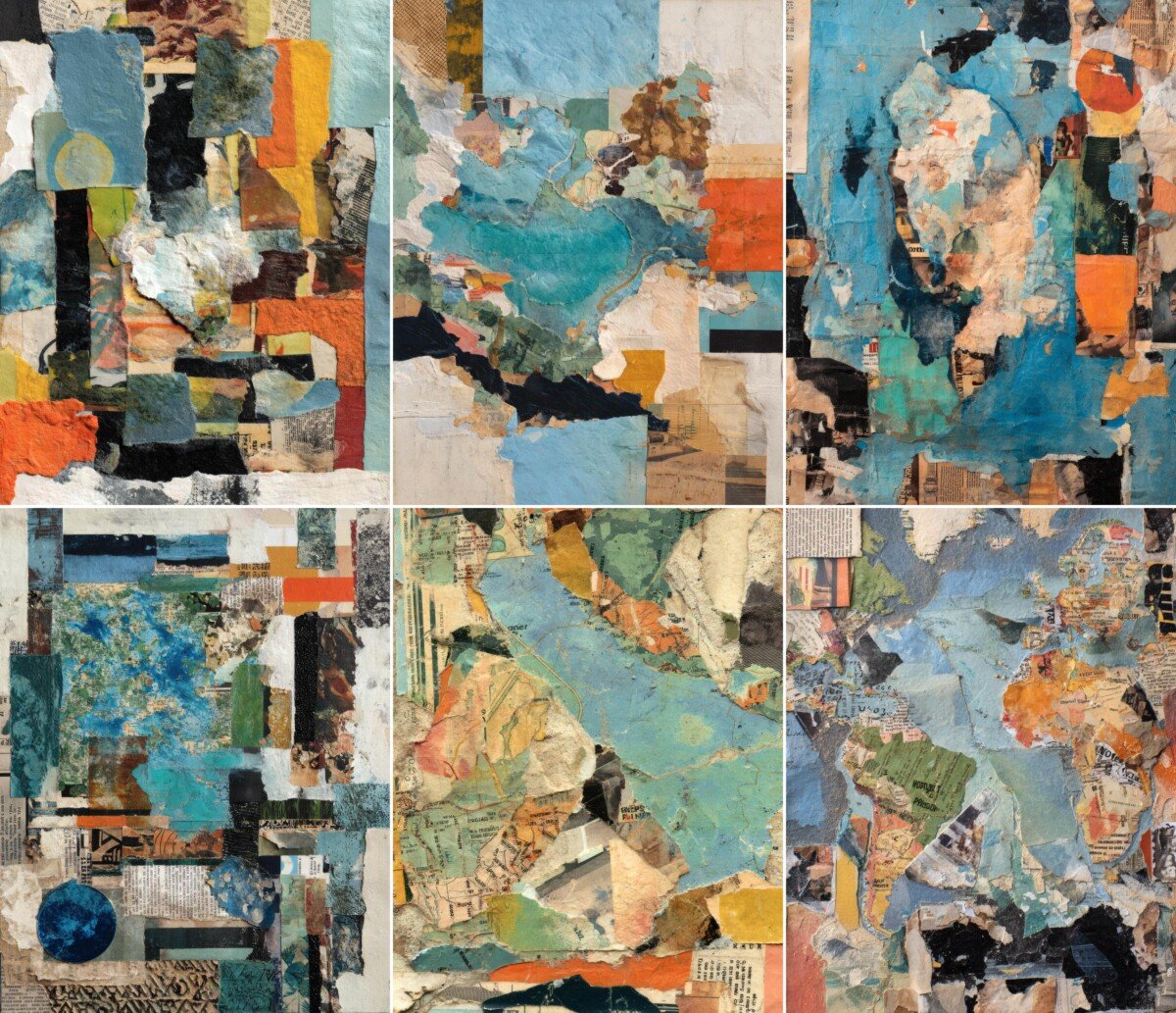 Mixed-media collage pages with teal blue paper and contrasting black scraps