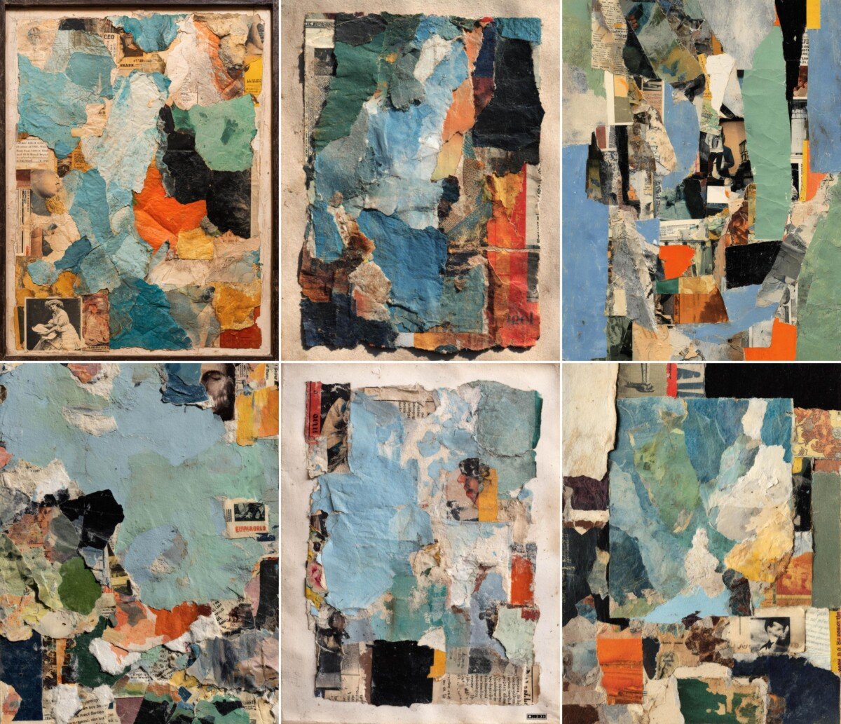 Abstract map collage pages with distressed paper edges and dark accents