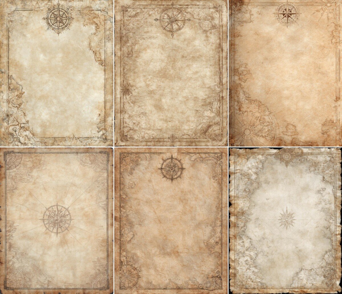 Pirate map journal pages with aged parchment and nautical compass motifs