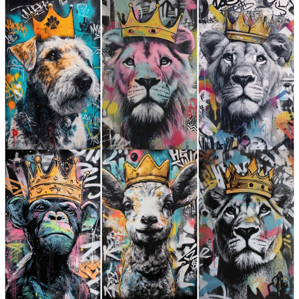 Animal digital paper preview with colorful crowned portraits and graffiti marks