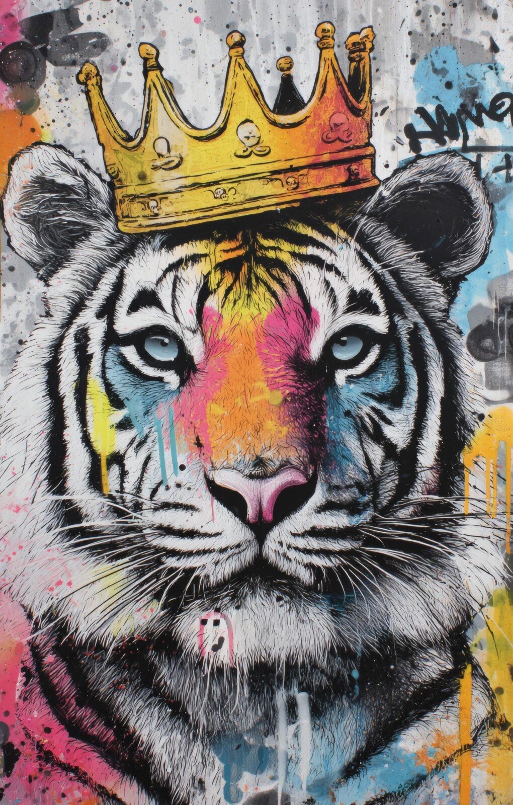 Animal digital paper preview with colorful crowned portraits and graffiti marks