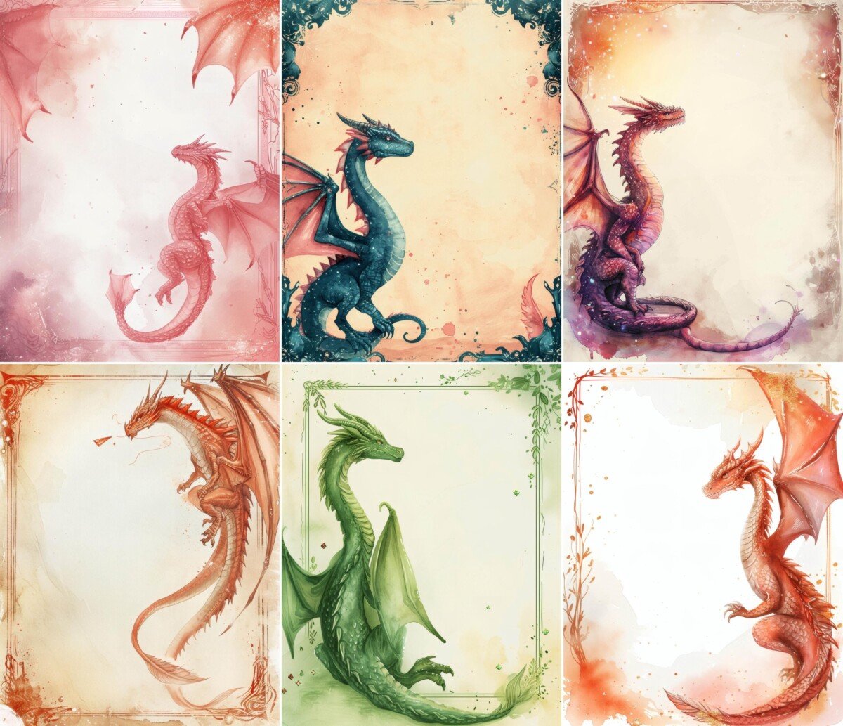 dragon – 52 Dragon Fantasy Frame Pages, Watercolor Junk Journal Kit, Magical Border Paper, Mystical Ephemera, Scrapbook Supplies, Digital Download