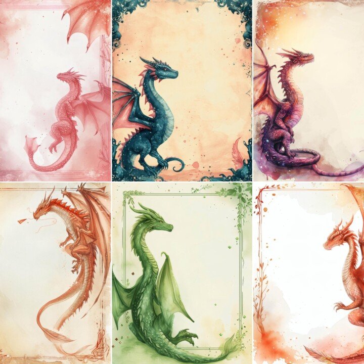 dragon – 52 Dragon Fantasy Frame Pages, Watercolor Junk Journal Kit, Magical Border Paper, Mystical Ephemera, Scrapbook Supplies, Digital Download