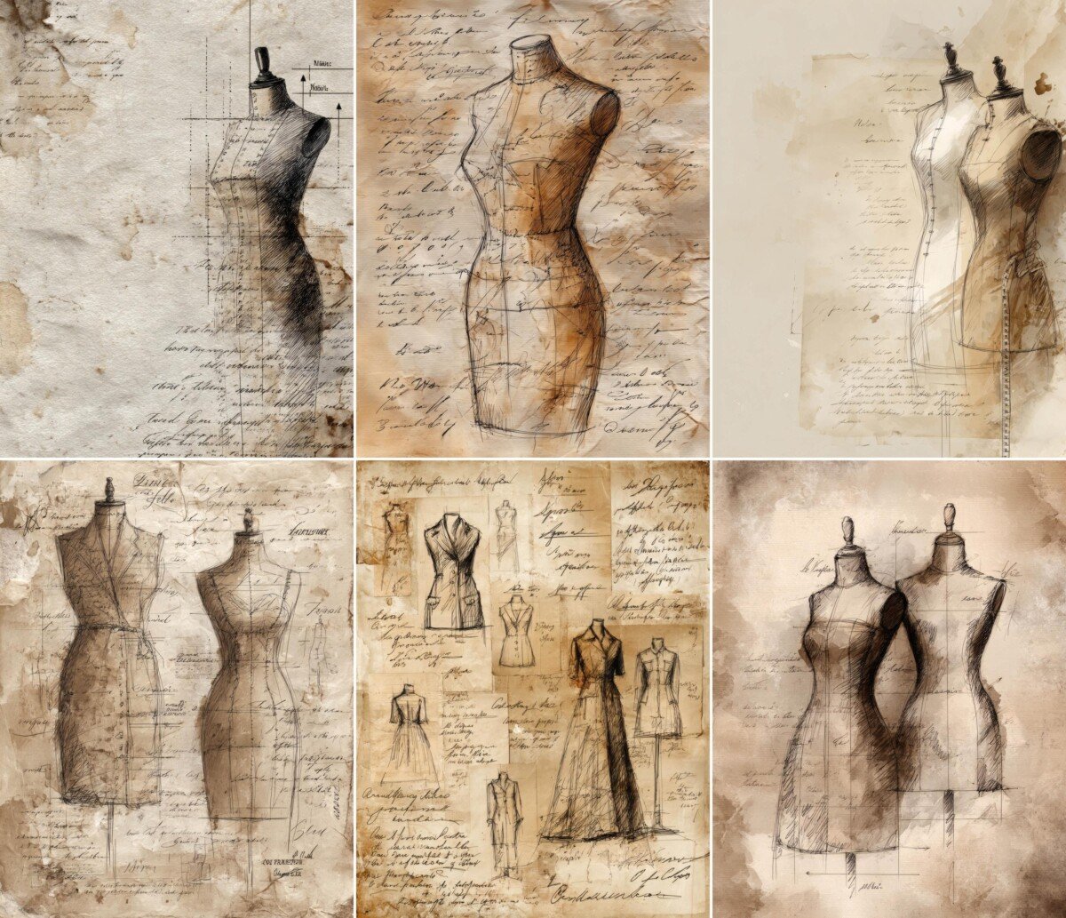 fashion – 52 Fashion Sketch Vintage Sewing Junk Journal Pages