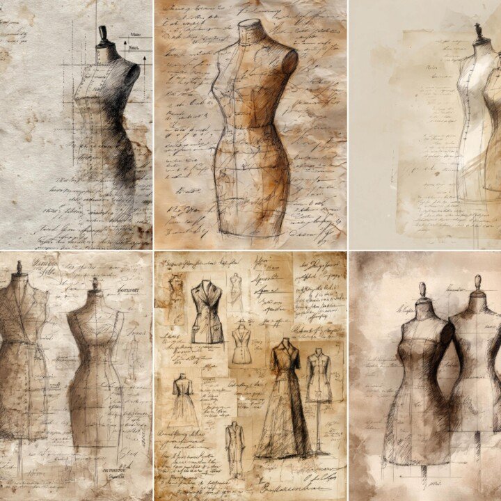 fashion – 52 Fashion Sketch Vintage Sewing Junk Journal Pages