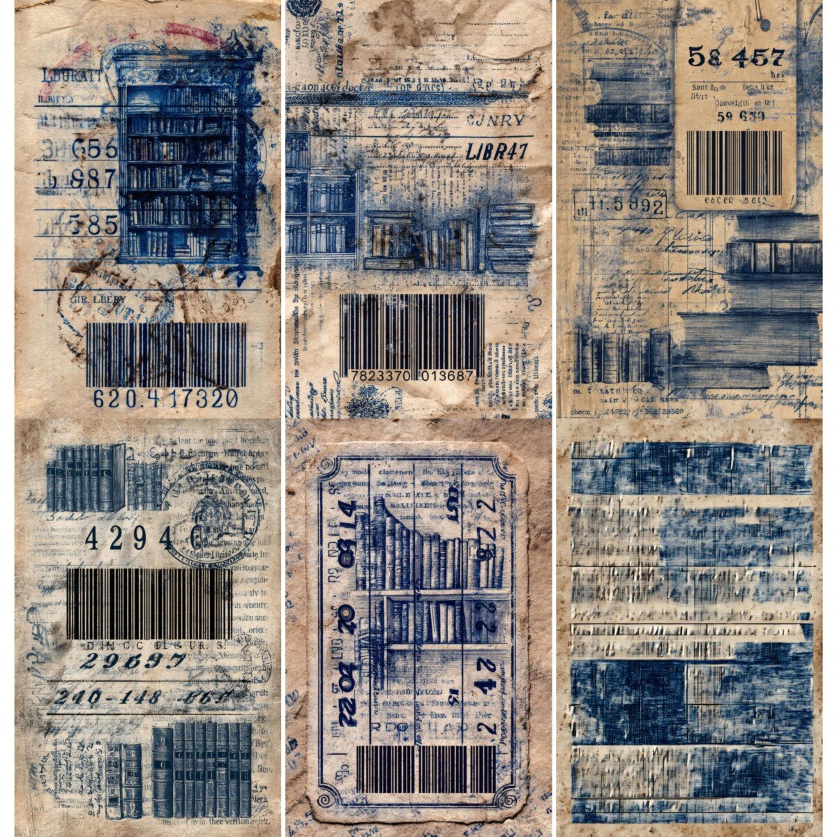 Vintage-style library digital paper with books, ticket motifs and decorative script