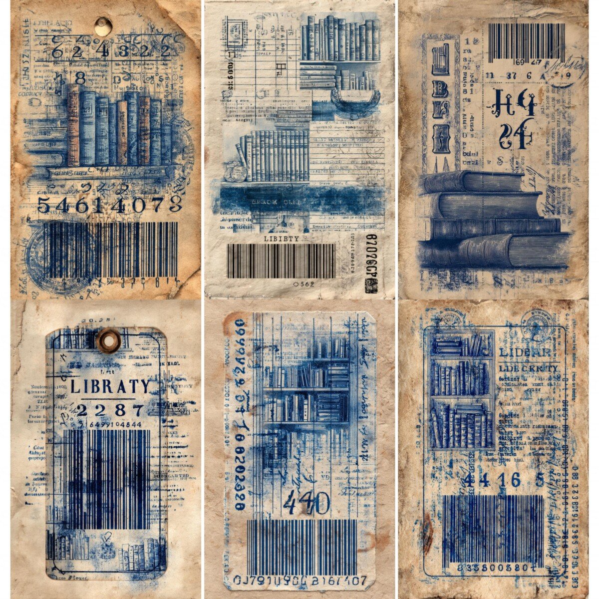 Library ticket junk journal pages with blue book illustrations, numbers and aged paper textures