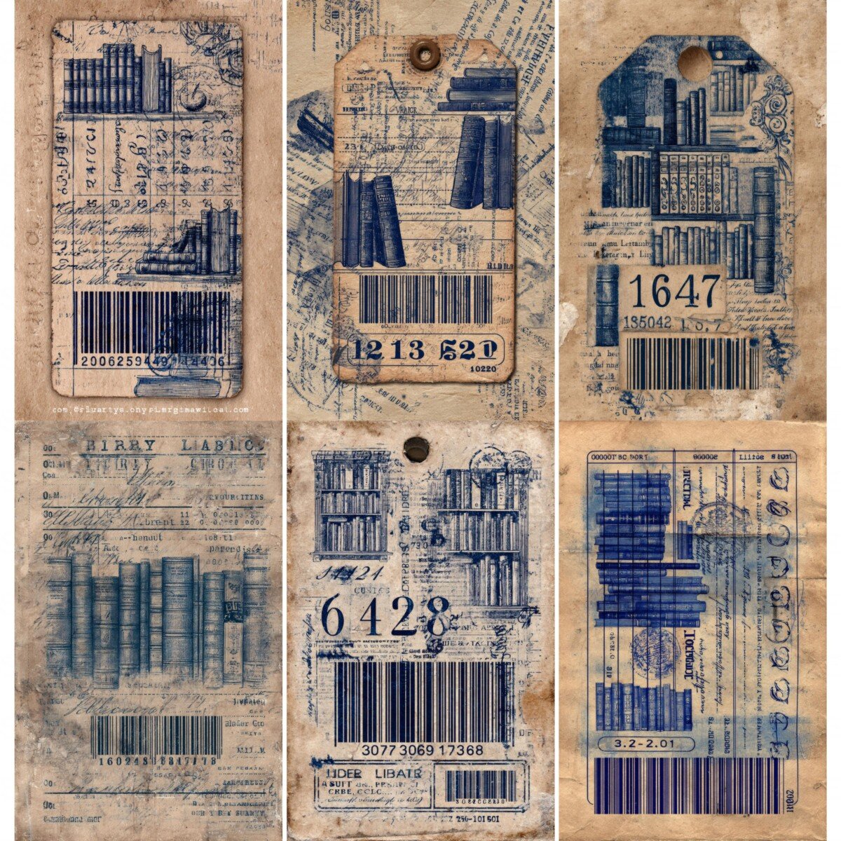 Vintage-style library digital paper with books, ticket motifs and decorative script