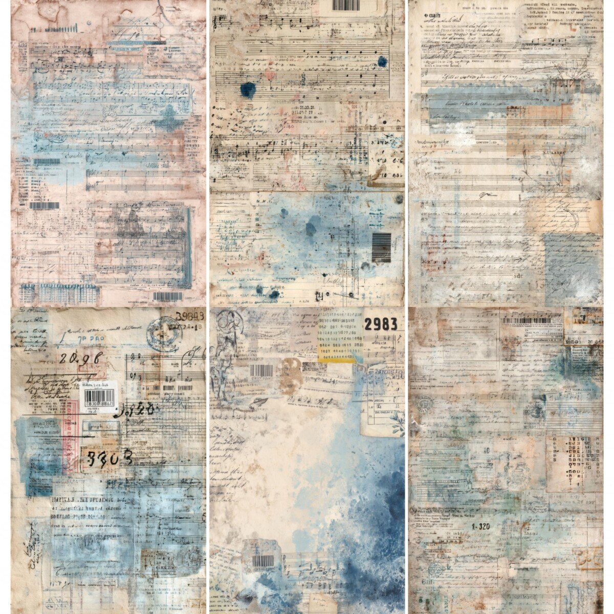 Vintage music junk journal paper with sheet music, handwriting and faded blue washes – preview 7