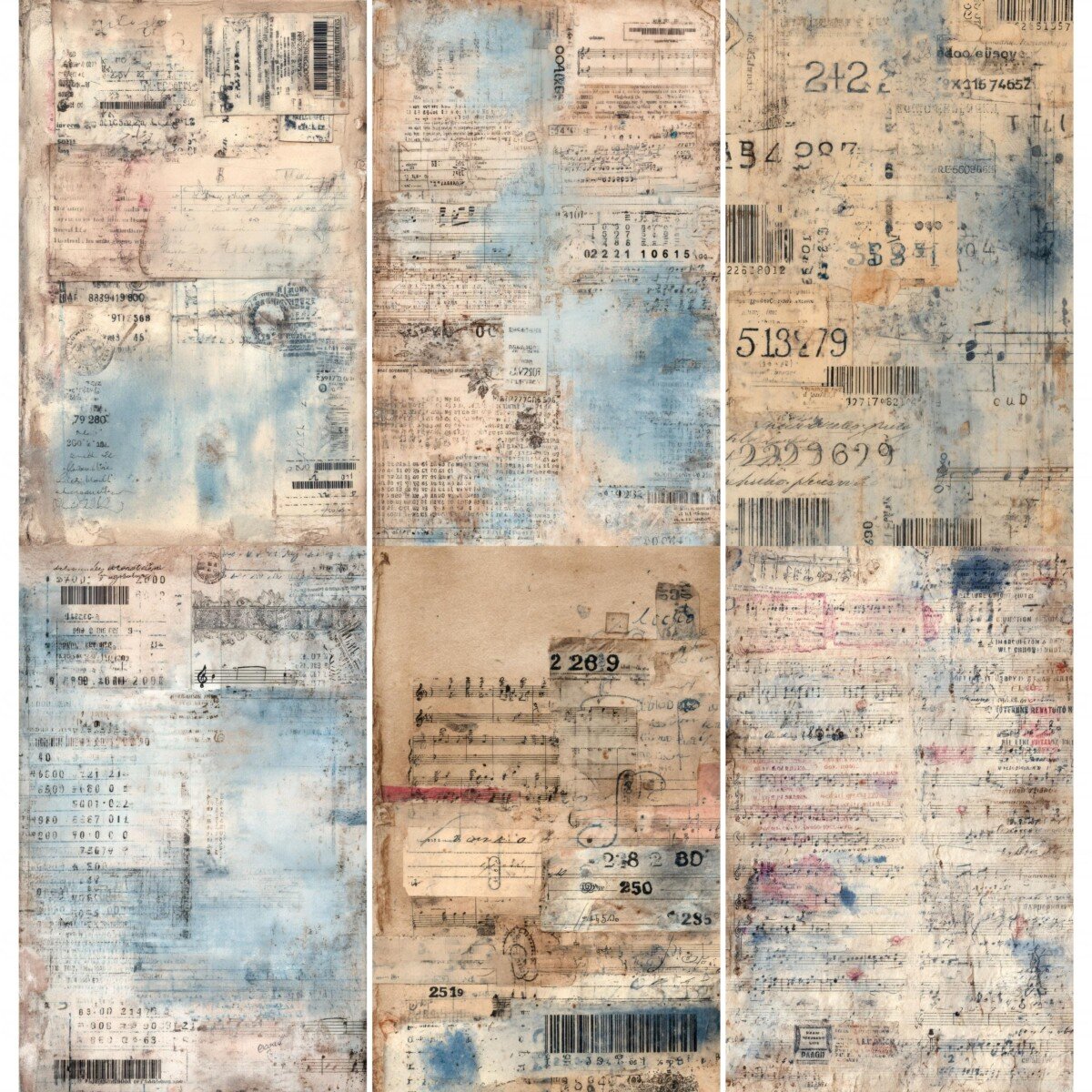 Vintage music junk journal paper with sheet music, handwriting and faded blue washes – preview 6