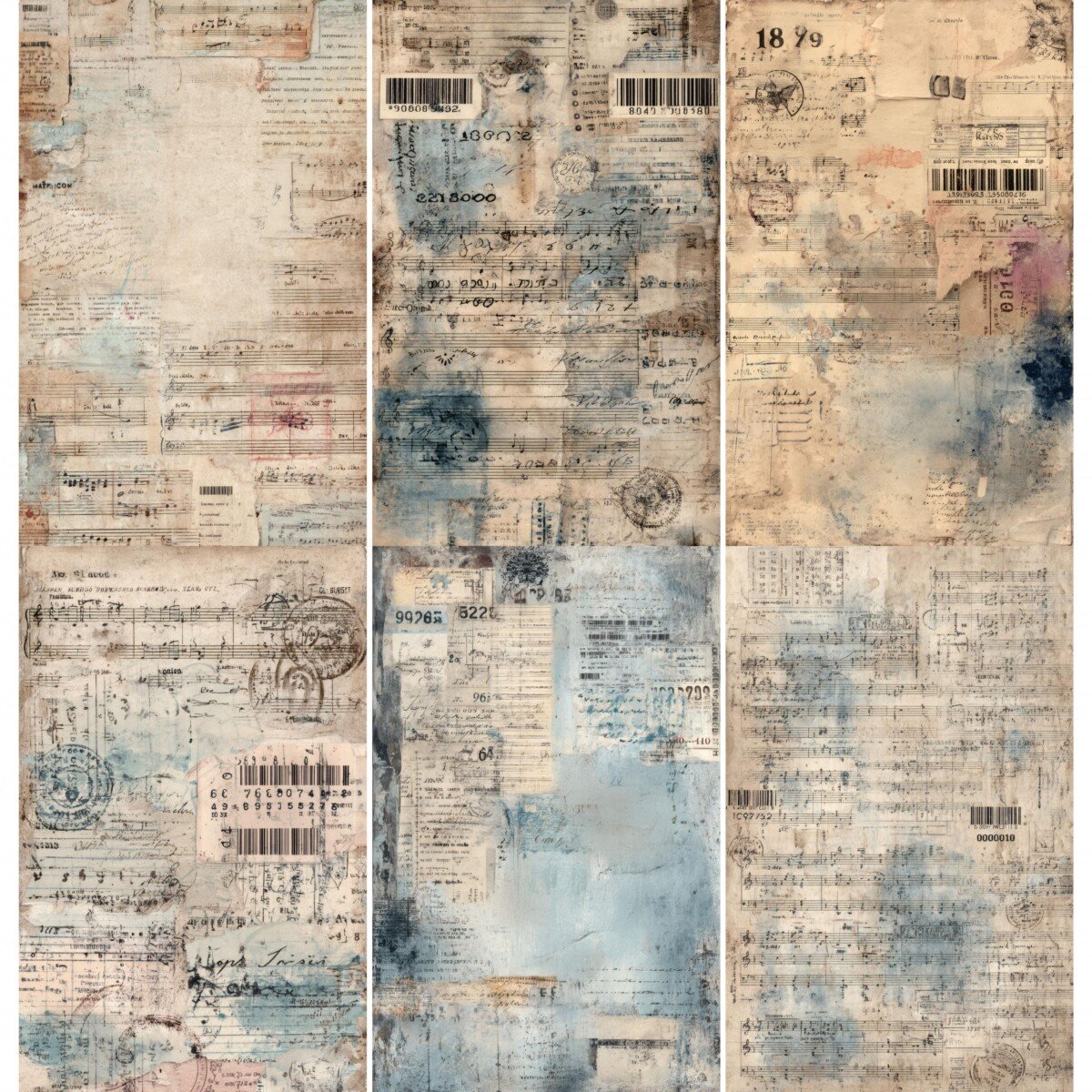 Vintage music junk journal paper with sheet music, handwriting and faded blue washes – preview 2