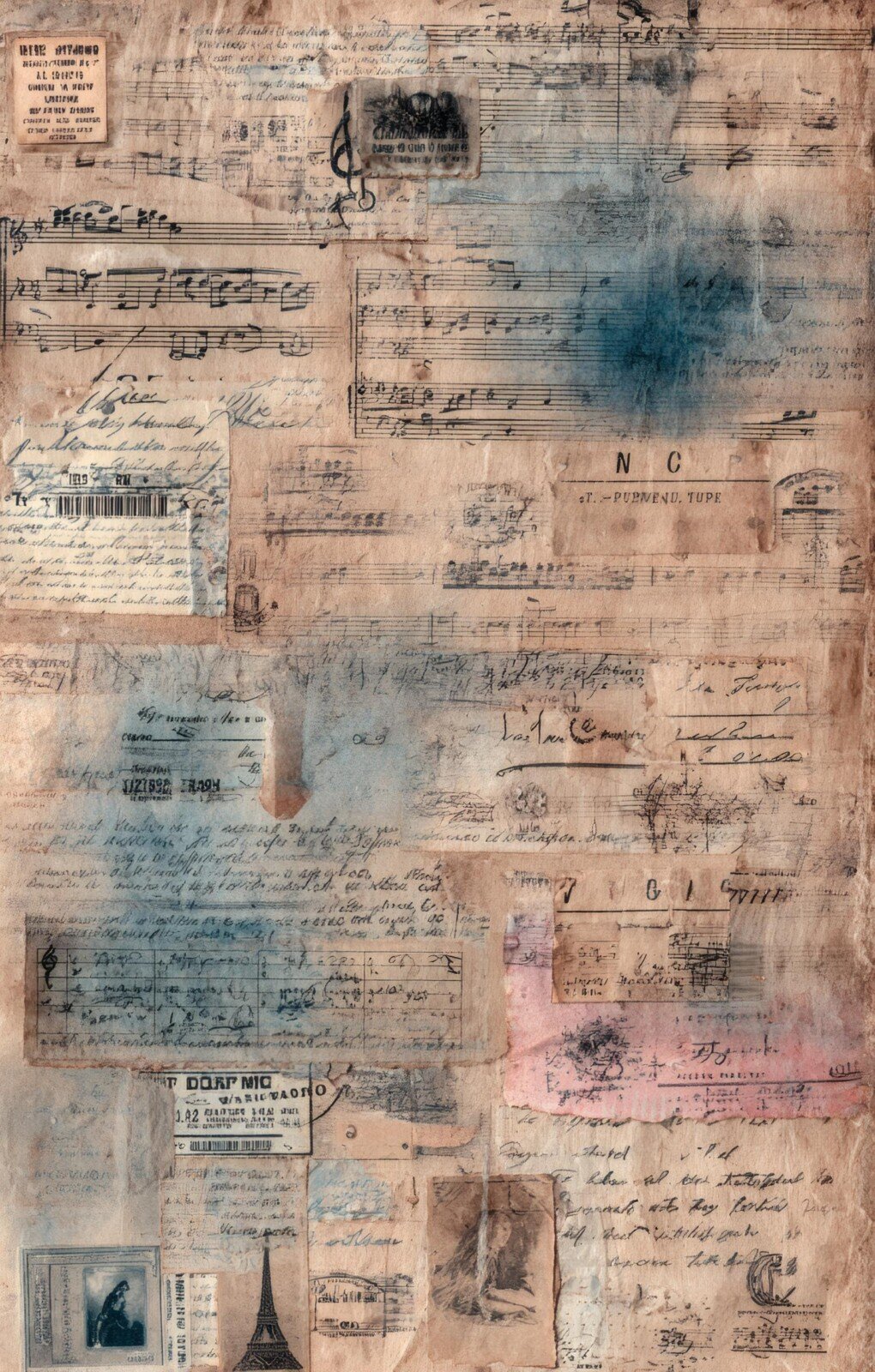 Vintage music junk journal paper with sheet music, handwriting and faded blue washes – preview 10