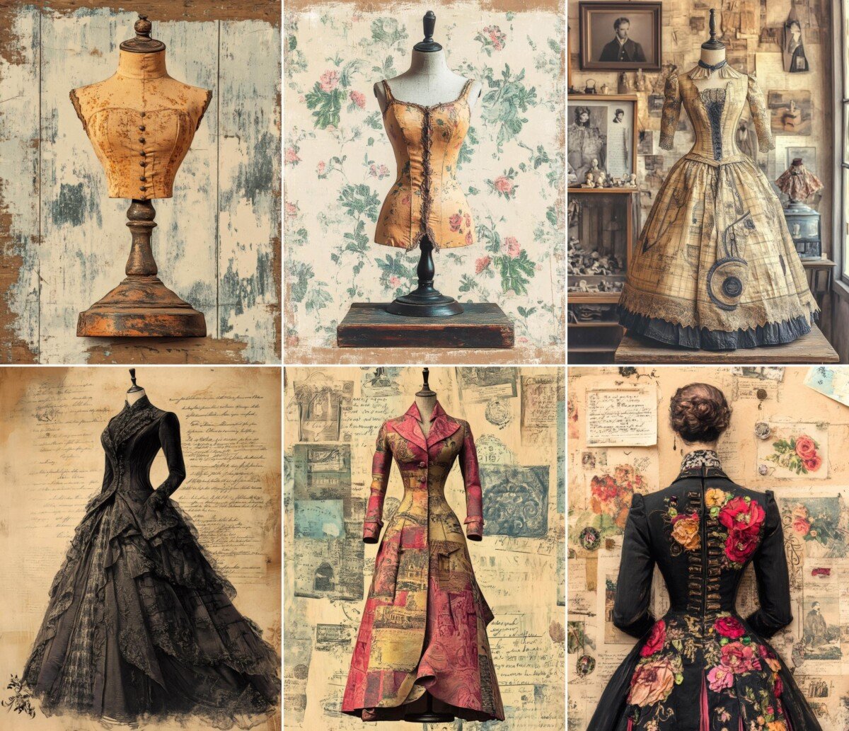 Victorian-inspired fashion mannequins against aged paper, script and floral collage