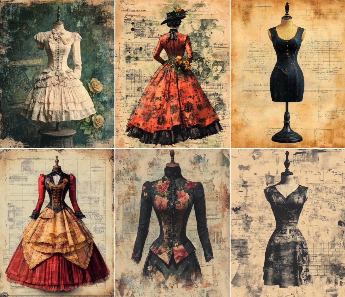 Victorian-inspired fashion mannequins against aged paper, script and floral collage