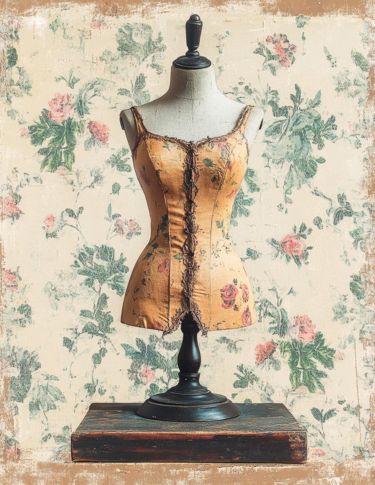 Victorian-inspired fashion mannequins against aged paper, script and floral collage