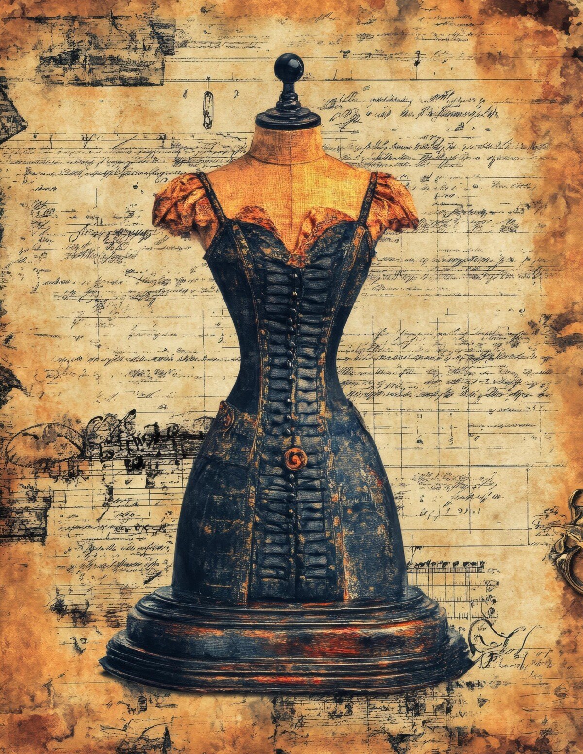 Victorian-inspired fashion mannequins against aged paper, script and floral collage
