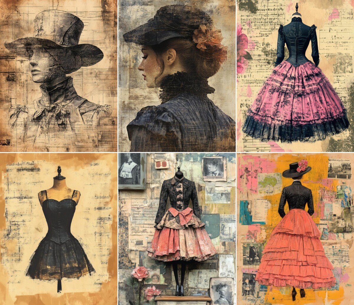 Victorian-inspired fashion mannequins against aged paper, script and floral collage