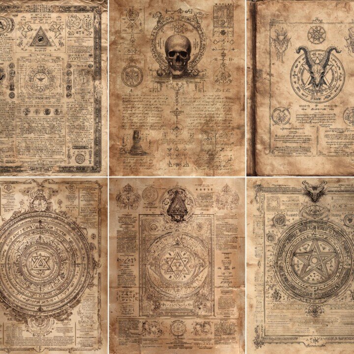 occult – 47 Occult Symbol Pages, Vintage Grimoire Journal Papers, Junk Journal Supplies, Dark Manuscript, Mystic Script Ephemera, Digital Download