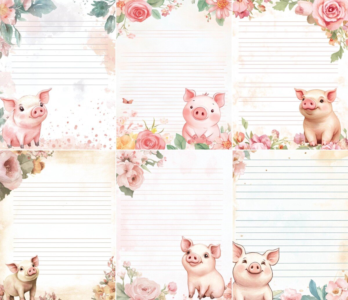 Lined pig writing paper with watercolor-style flowers and pastel details