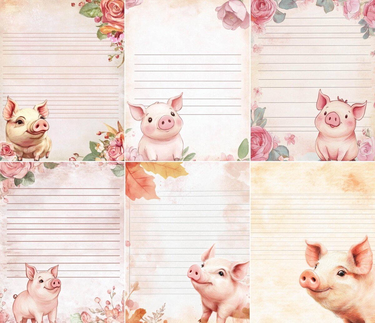 Pig journal pages with lined writing areas and soft floral borders