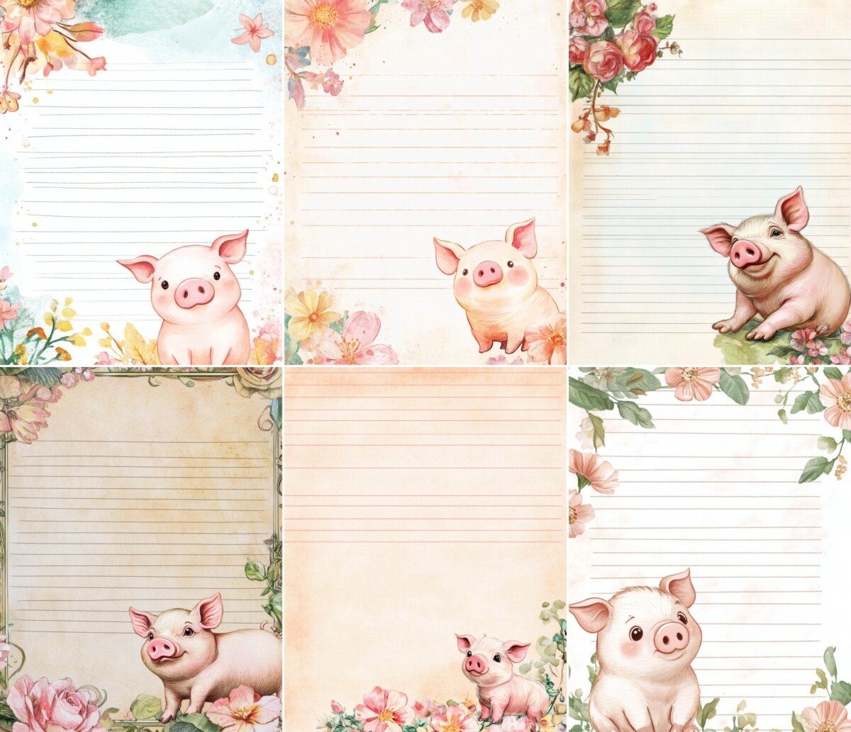 Lined pig writing paper with watercolor-style flowers and pastel details