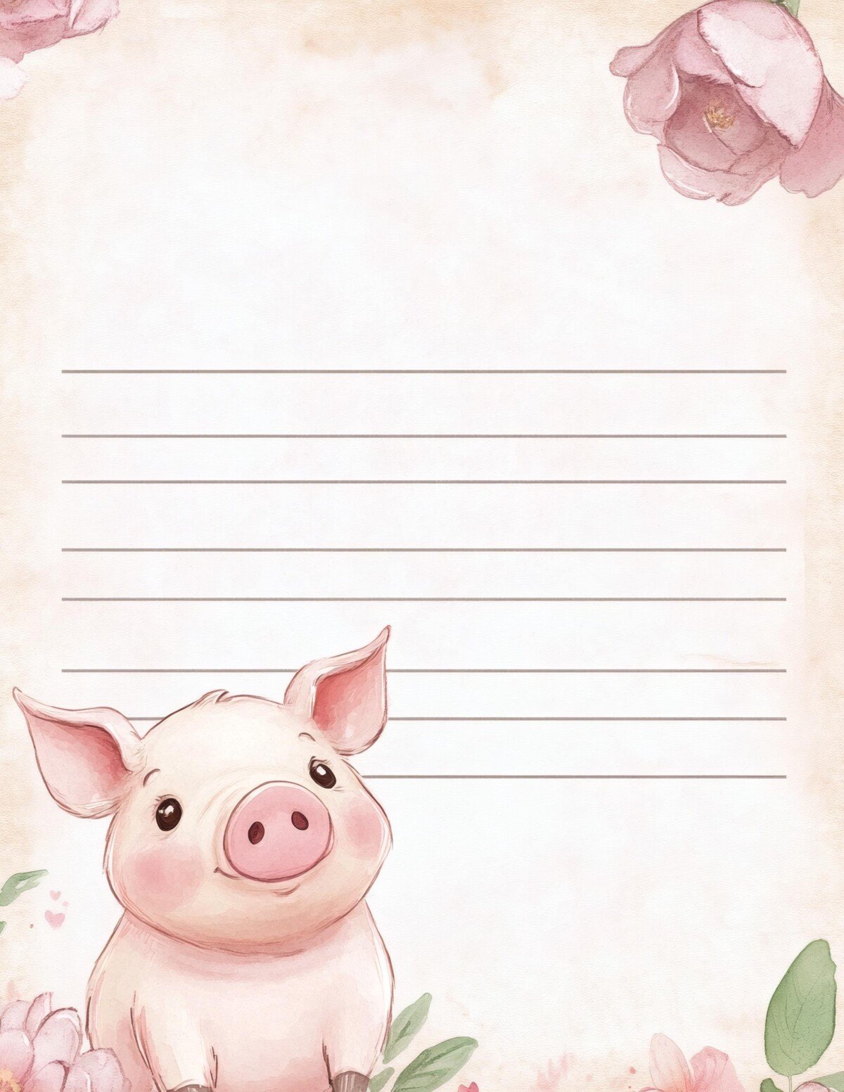 Lined pig writing paper with watercolor-style flowers and pastel details