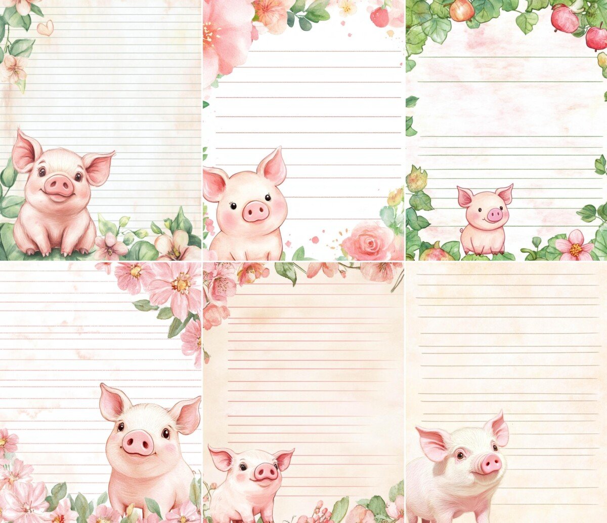 Lined pig writing paper with watercolor-style flowers and pastel details