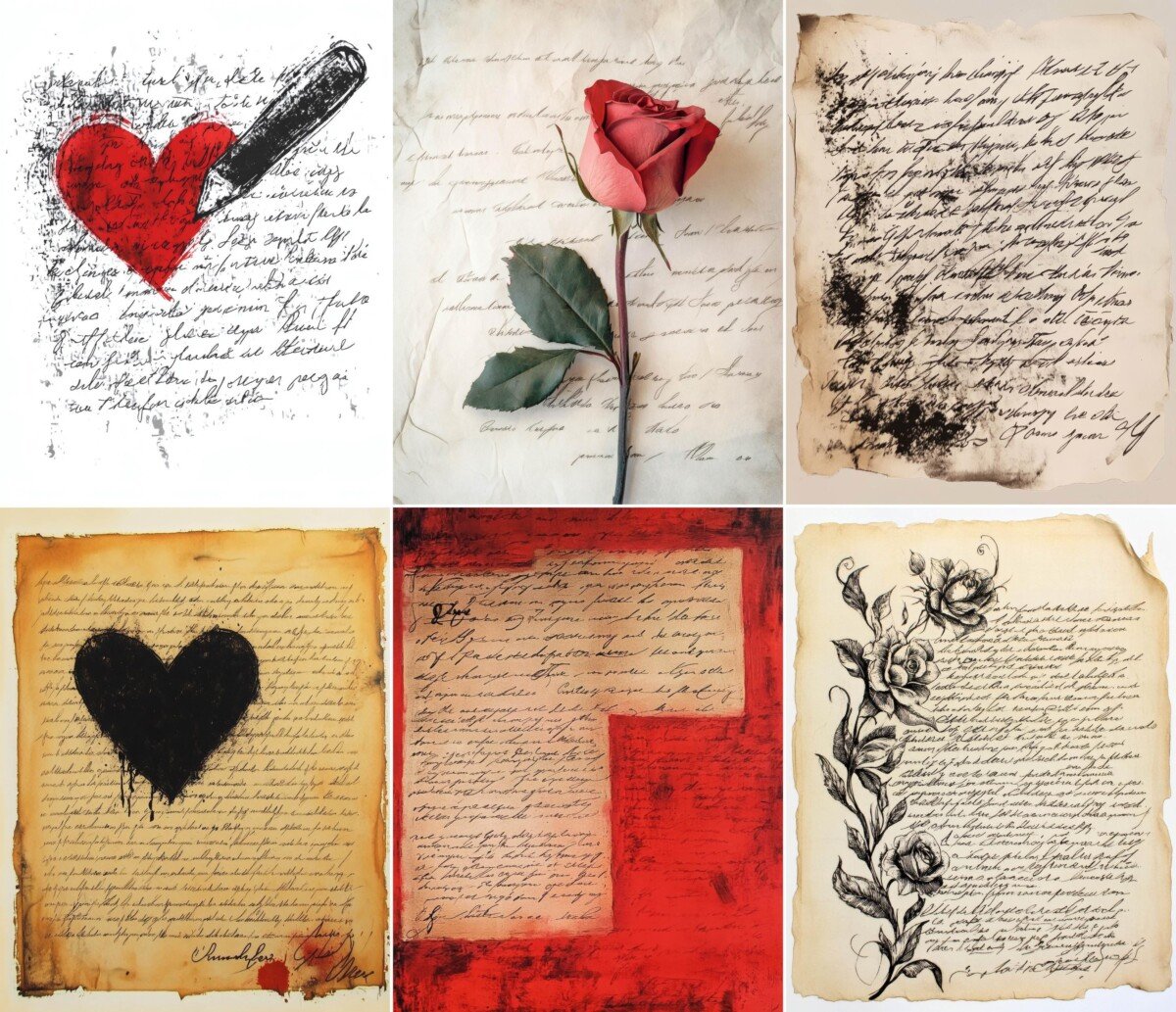 Romantic script backgrounds with red roses, hearts and aged paper