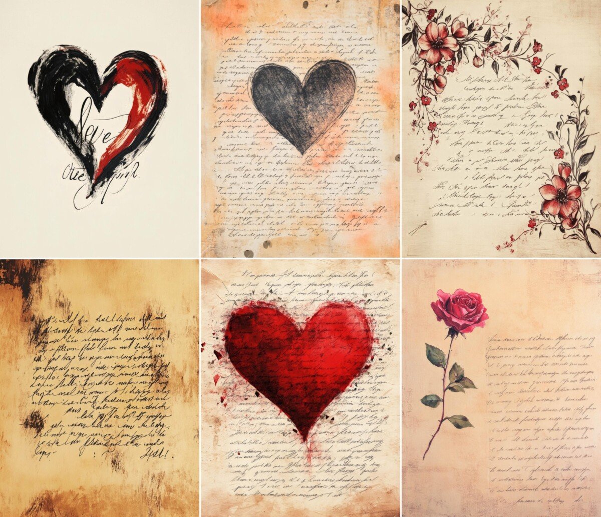 Heart and floral motifs on romantic handwritten paper designs