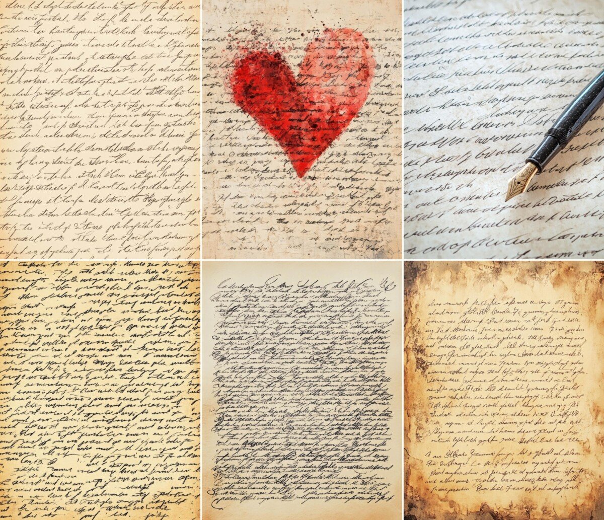 Handwritten letter paper with red heart and pen details