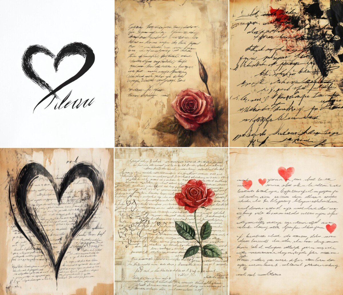 Romantic letter paper previews with hearts, roses and cursive text