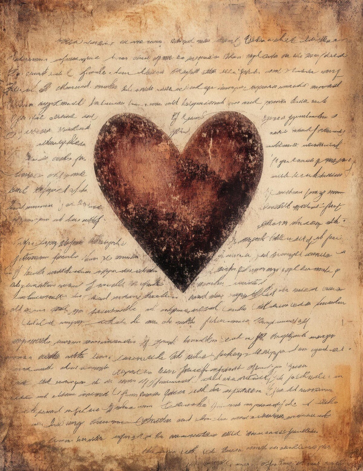 Dark red heart over cursive handwriting on aged romantic letter paper