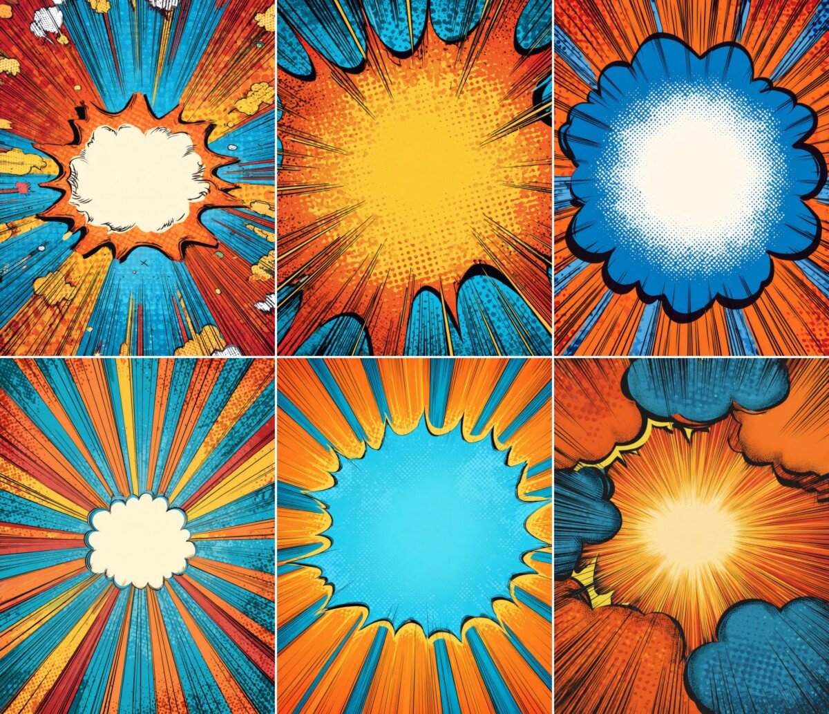 Pop art journal pages with bright yellow bursts and blue outlined panels