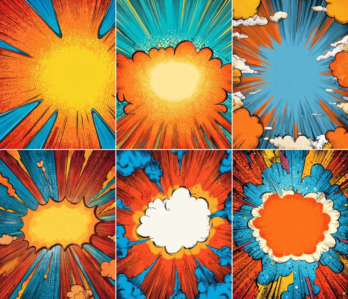 Comic pop art journal pages with orange, blue and yellow burst backgrounds